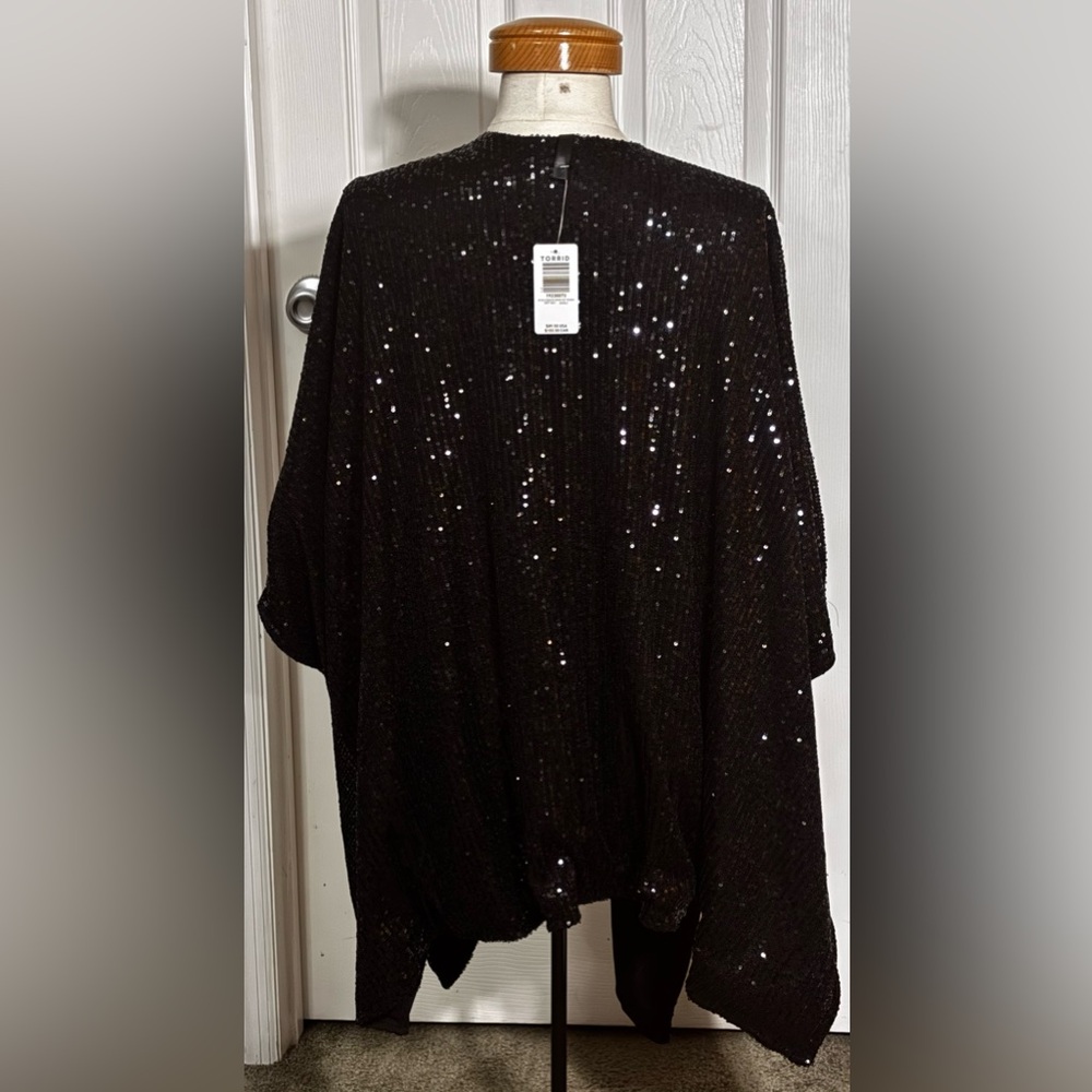 Torrid Black Sequin Ruana Kimono Cardigan Wrap One Size NWT Evening Party Formal - Picture 3 of 5